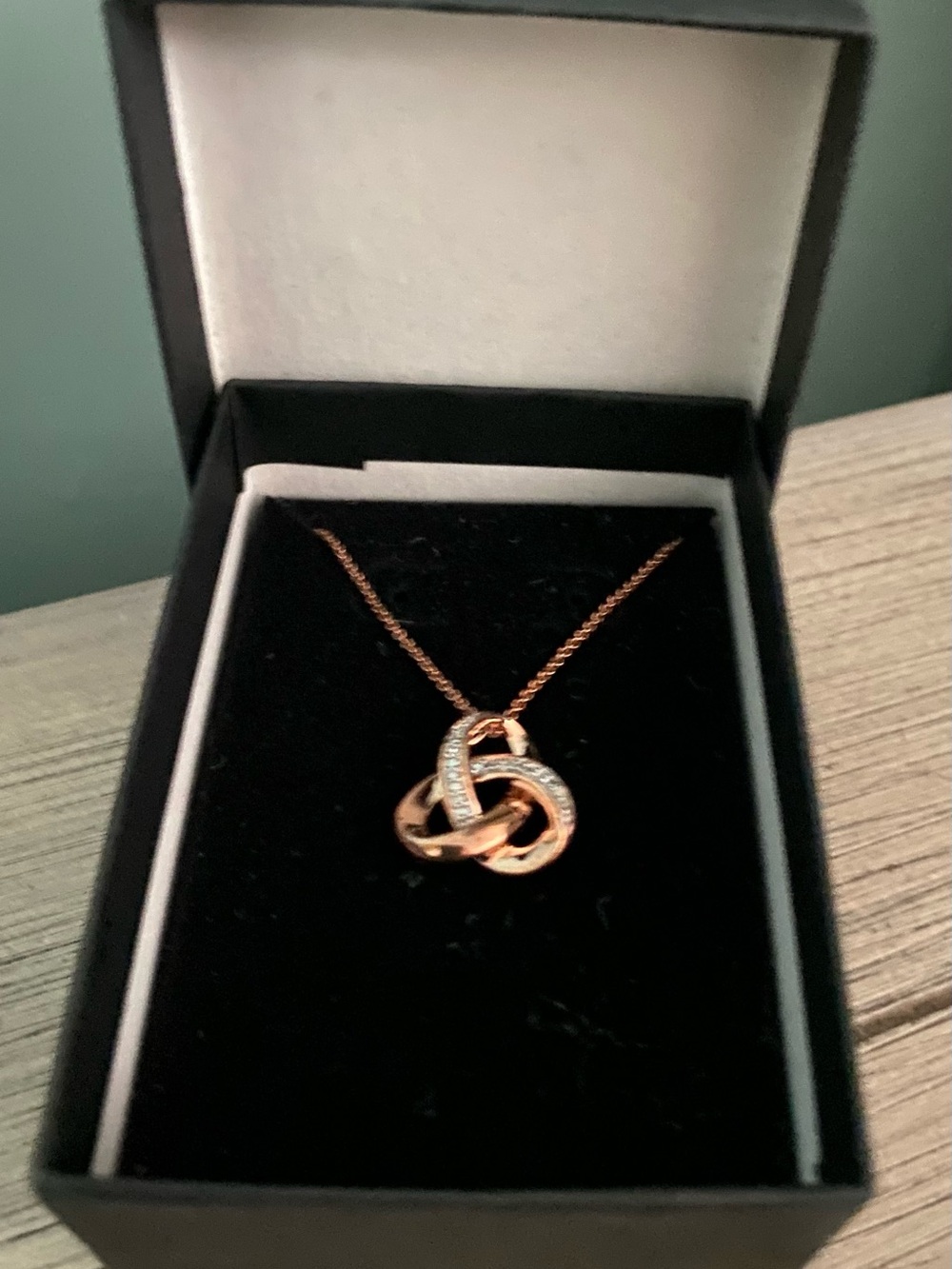Rose Gold Knot Pendant Necklace with Pave Crystals 18k over sterling silver 18”